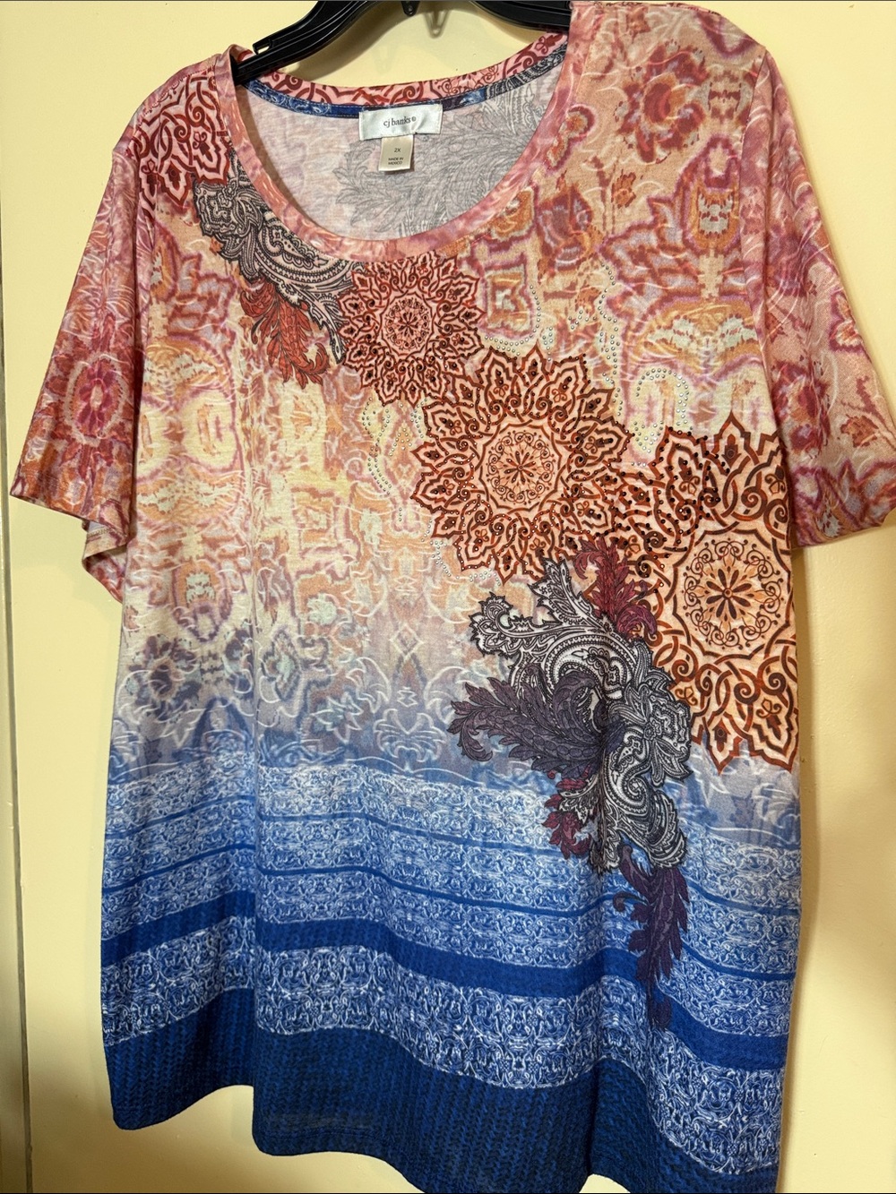 CJ Banks Pink to Blue Ombre Paisley Medallion Short Sleeve Top